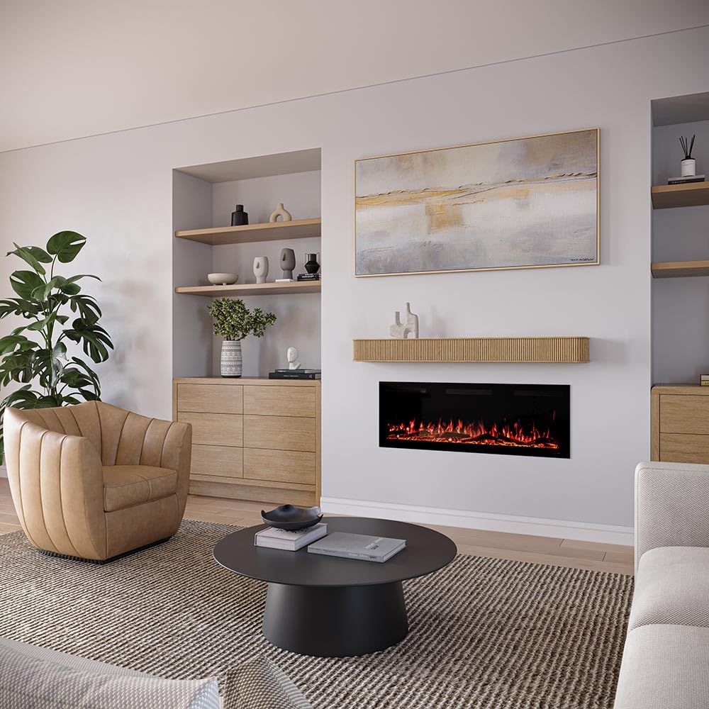 Modern Ember Alfama 60 Inch Fireplace Wood Mantel Shelf with Fluted “Reed” Details | Natural White Oak Wood | Unfinished | DIY Mounting Hardware Included | 60" W x 6" H x 8" D Modern Ember