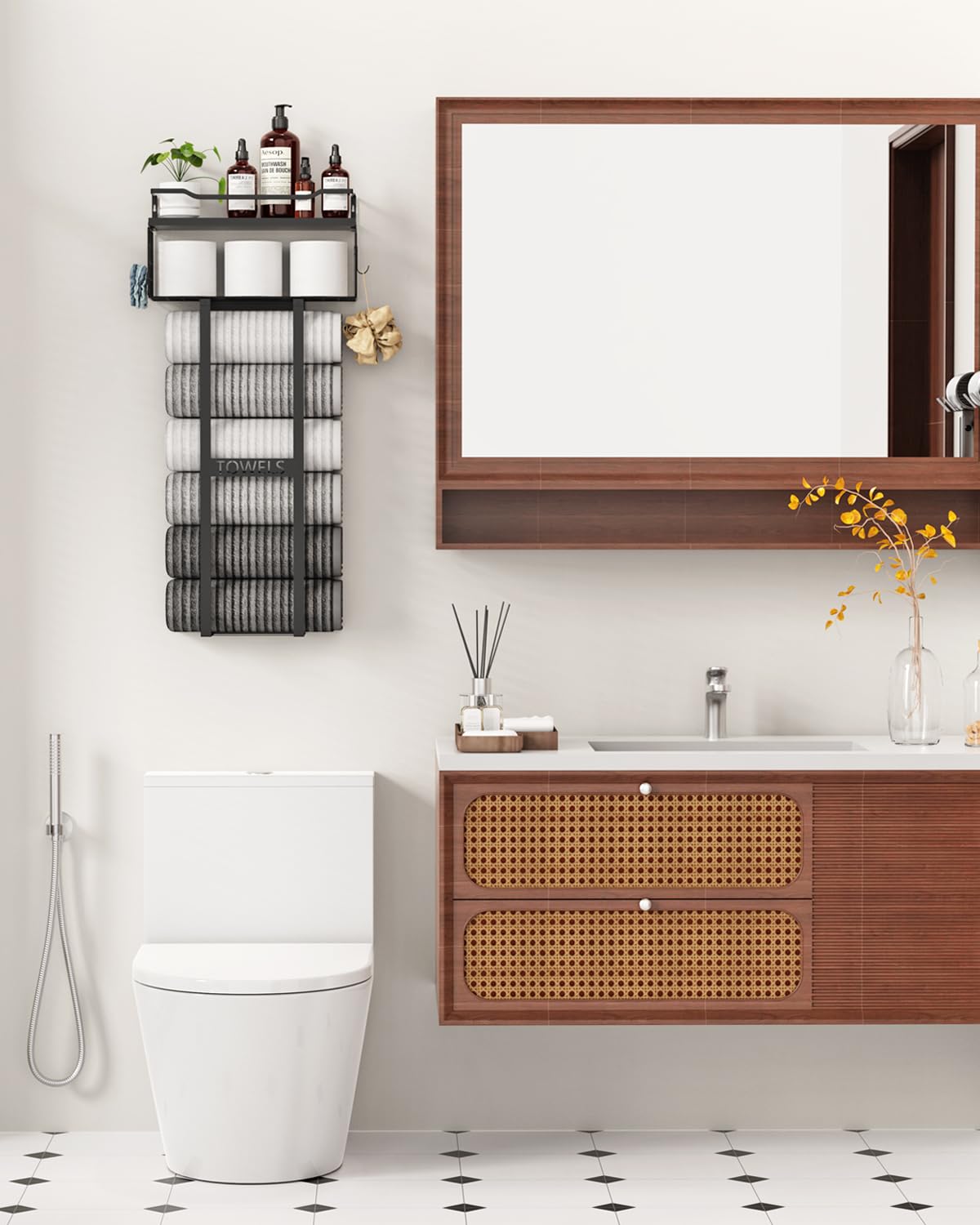 Aetyord Towel Racks for Bathroom 31inch Wall Mounted Towel Rack,Floating Shelf with Wood Plank,Towel Storage for Bathroom can Holds 6 Large Rolled Towels,All Black Aetyord