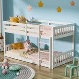 JOYMOR Solid Wood Low Twin Over Twin Bunk Bed for Kids/Toddlers/Junior, Bunk Bed Frame with Guardrails & Ladder for Boys Girls, No Box Spring Needed, White JOYMOR
