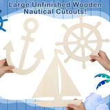 Burbell 6 Pack Large 11 Inches Unfinished Nautical Wood Cutouts for Crafts Unfinished Wooden Anchor Ship Wheel Boat for DIY Projects Nautical Party Decorations Burbell