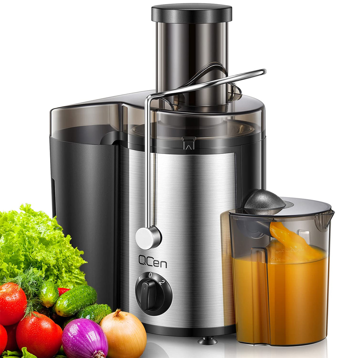 Qcen Juicer Machine, 500W Centrifugal Juicer Extractor with Wide Mouth 3” Feed Chute for Fruit Vegetable, Easy to Clean, Stainless Steel, BPA-free (Black) QCen