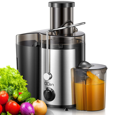 Qcen Juicer Machine, 500W Centrifugal Juicer Extractor with Wide Mouth 3” Feed Chute for Fruit Vegetable, Easy to Clean, Stainless Steel, BPA-free (Black) QCen