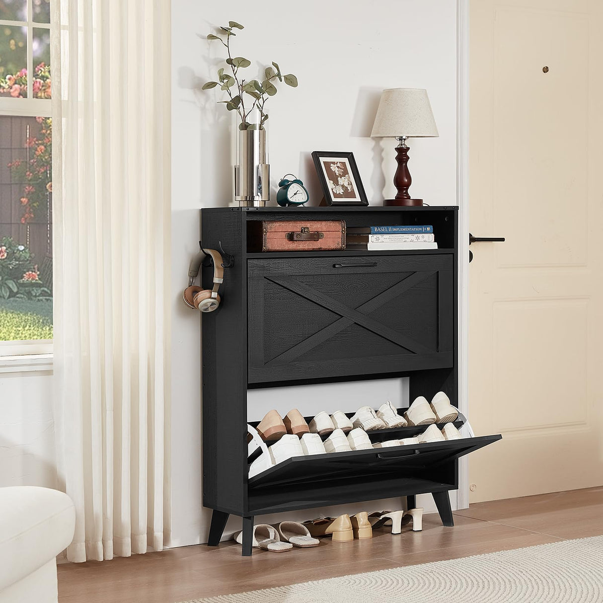 Joaxswe Shoe Storage Cabinet with 2 Flip Drawers, Farmhouse Shoes Organizer for Entryway, Narrow Hidden Shoe Rack with Wooden Legs & Open Storage, Free Standing Shoe Closet for Foyer, Hallway, Black Joaxswe