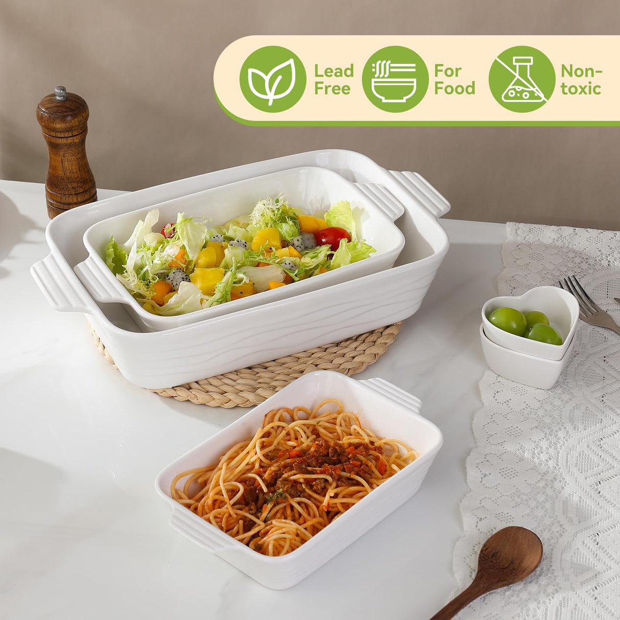 Baking Dish for Oven Casserole Dishes Bakeware Set With Ramekin Ceramic Lasagna Pan 9×12.8 Inch Large Deep Baking Dishes Rectangular Non-Stick Baking Pans for Kitchen Baking and Roasting White RUYOLIKS