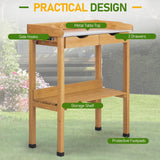 Outvita Outdoor Garden Potting Bench Table Work Bench with 2 Drawer, Storage Shelf, Metal Tabletop, 3 Hooks for Horticulture, Natural Wood Outvita