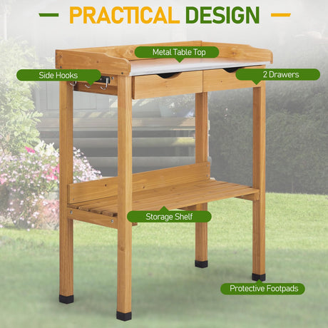 Outvita Outdoor Garden Potting Bench Table Work Bench with 2 Drawer, Storage Shelf, Metal Tabletop, 3 Hooks for Horticulture, Natural Wood Outvita