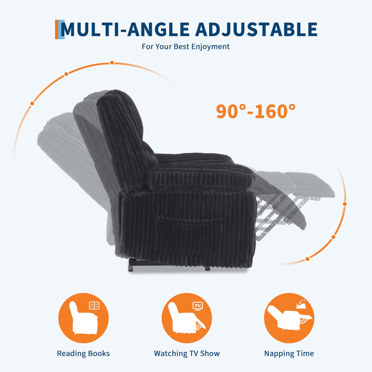 Garvee Corduroy Recliner Chair, Manual Recliner Sofa with Handle, Pillow Top Arms, Thick Padding, Side Pocket, 330Lbs Capacity, Adjustable Recliner for Living Room, Bedroom, Home Theater, Black Garvee