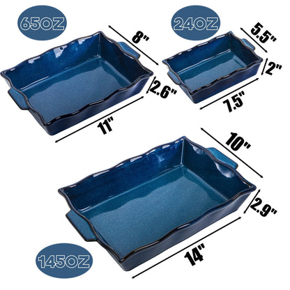 Peohud 3 Pack Casserole Dishes for Oven, Ceramic Baking Dishes with Handles, Heavy Duty Rectangular Lasagna Pan, Porcelain Bakeware Sets for Cooking, Cake Dinner, Kitchen, Blue