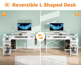 ODK 48 Inch Gaming Desk with USB Charging Ports and LED Lights, Reversible L Shaped Computer Desk with Storage Shelves & Monitor Stand, Corner Home Office Desk Table with Power Outlets, White ODK