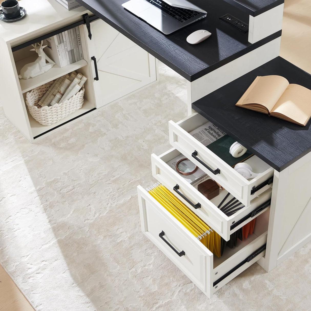 JXQTLINGMU Computer Desk with Darwers & Storage Cabinet, Home Office Desk with File Drawer, Gaming Desk with Monitor Stand & Charging Station, Off White JXQTLINGMU