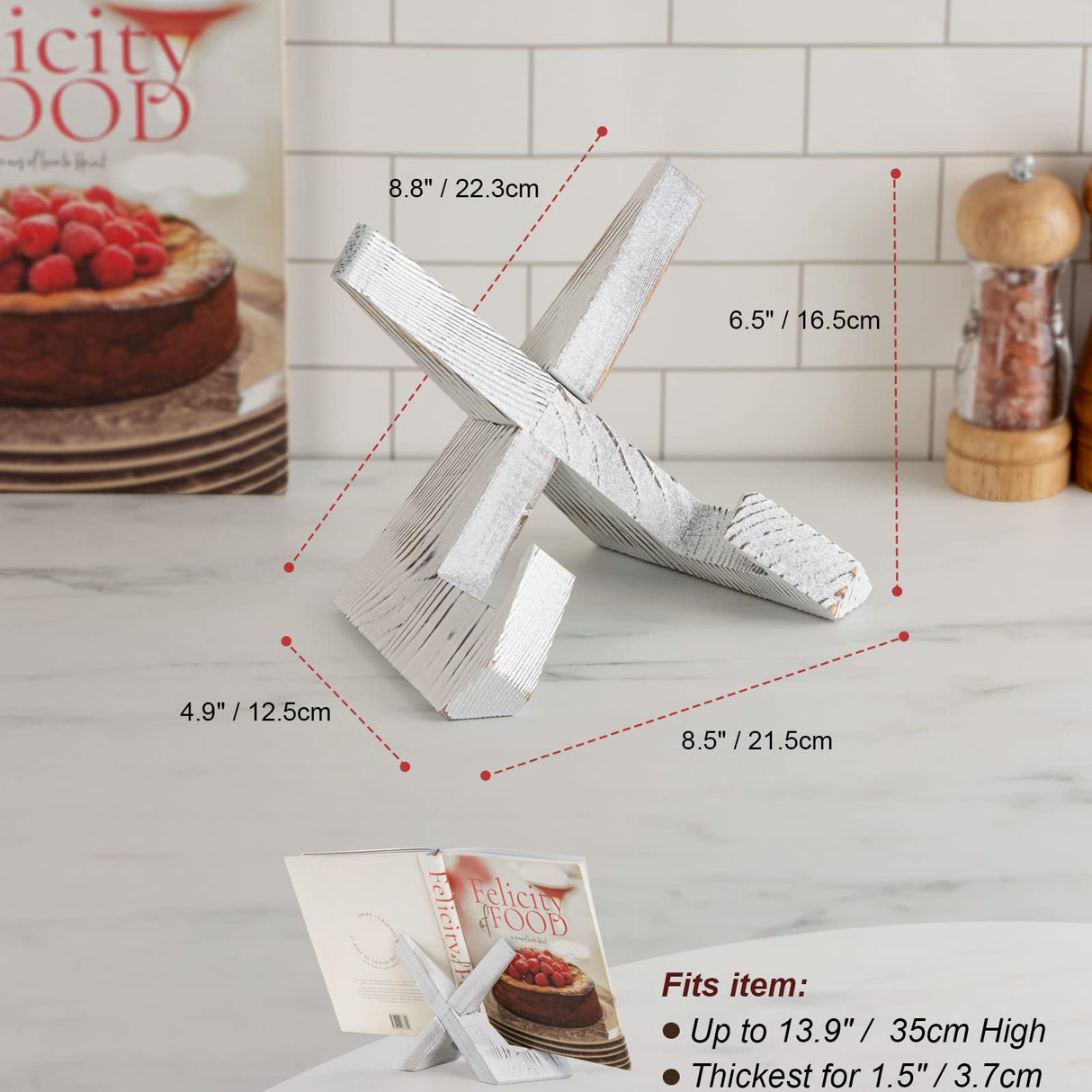 EFFORTICH Cookbook Stand, Wooden Recipe Book Holder, Cook Book Stand for Kitchen Counter, Multifunctional Display Stand, Kitchen Counter Decor - White EFFORTICH