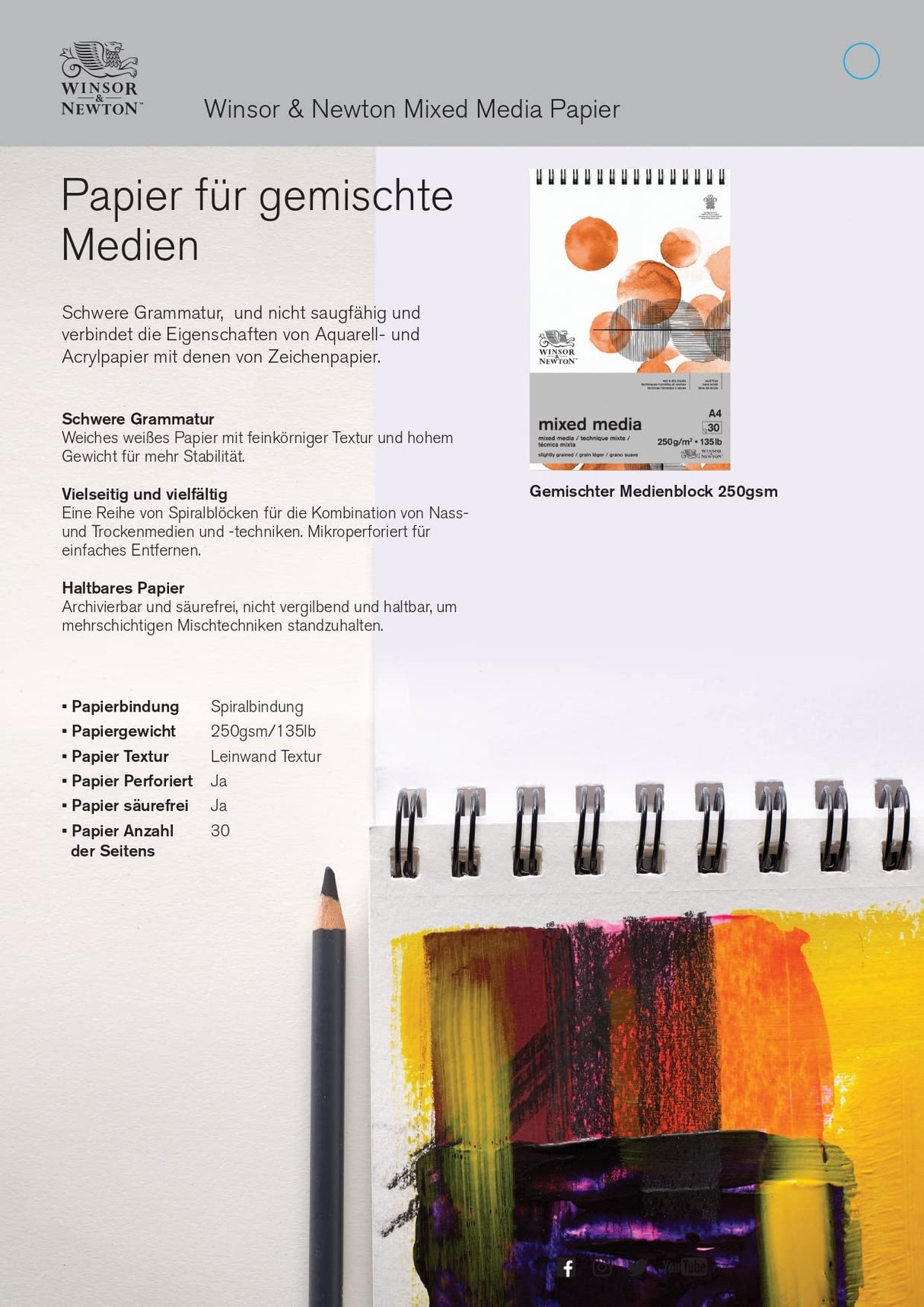 Winsor & Newton Professional Mixed Media Pad, 9" x 12", 30 Sheets, 250gsm, White Winsor & Newton