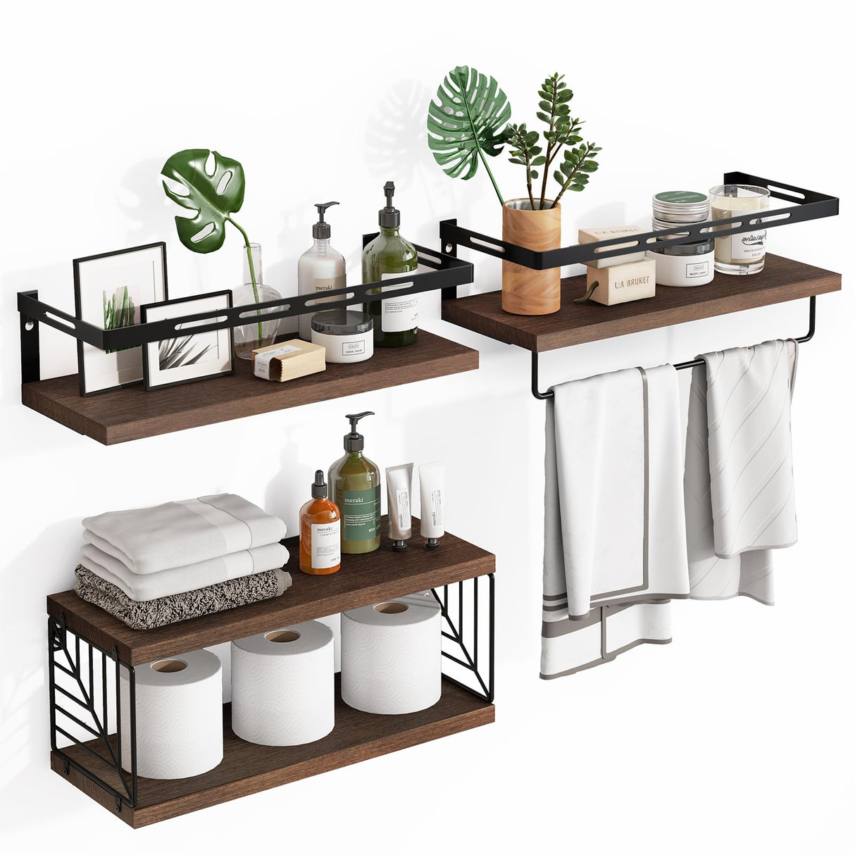 Fixwal 3+1 Tier Wall Mounted Bathroom Shelves Over Toilet, Rustic Wood Floating Shelves with Metal Frame and Towel Bar for Bathroom, Kitchen, Bedroom, Living Room (Dark Brown) Fixwal