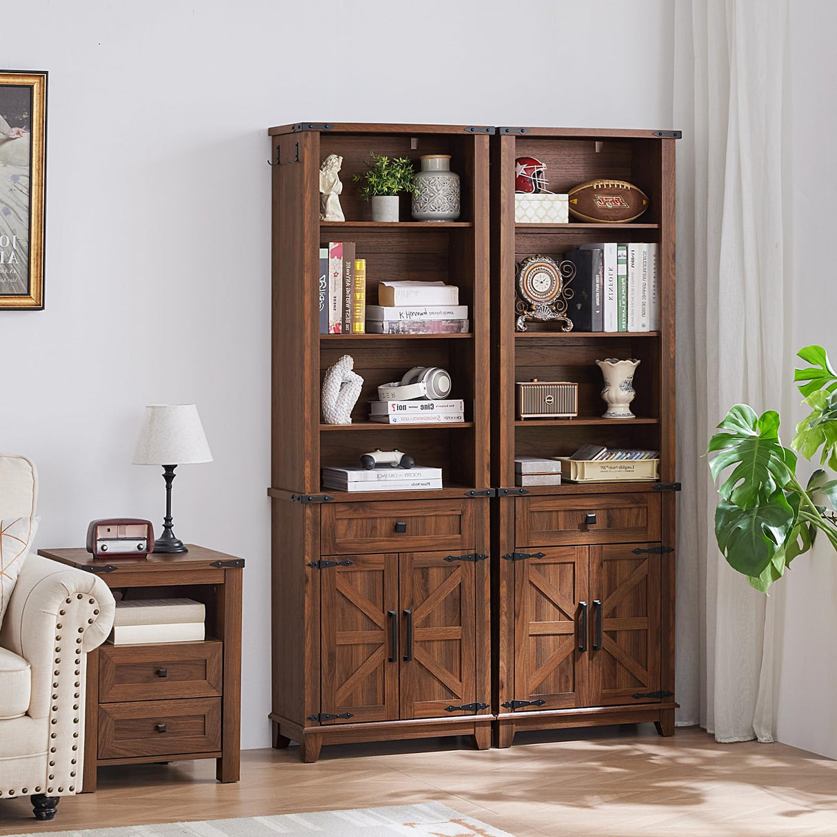 Joaxswe 72in Tall Bookshelf 7 Tier Bookcase with Drawer and Barn Doors and Adjustable Shelves, Brown Farmhouse Book Shelf with Storage Cabinet, Wood Freestanding Display Bookshelves for Kitchen Joaxswe