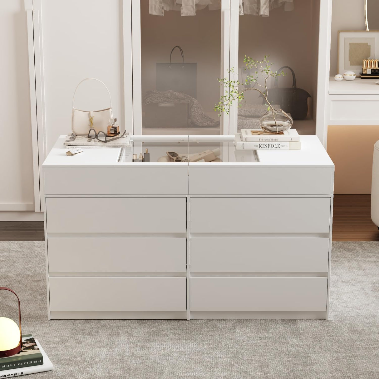 TAMUNE Armoire Bedroom Island Wardrobe Closet Island with 12 Drawers & Sliding Glass Tabletop, Island Dresser with Expandable Design, Closet Island for Bedroom Cloakroom White 63”W x 31.5”W x 35.8”H TAMUNE