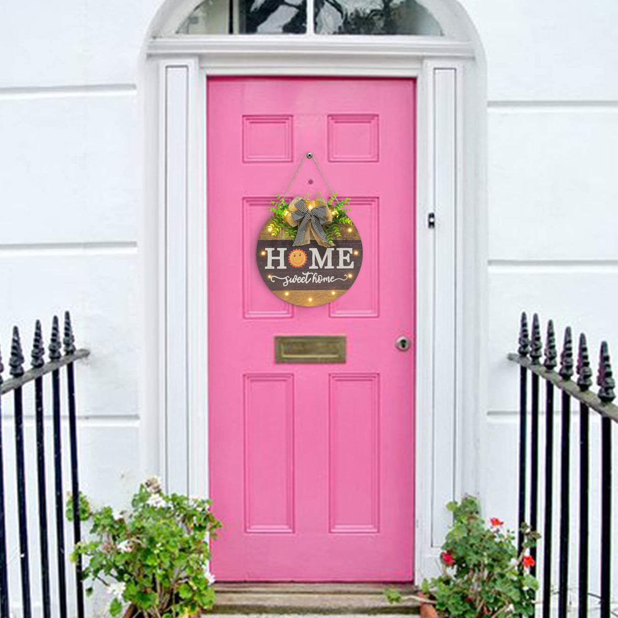 Interchangeable Welcome Sign for Front Door with 14 Changeable Icons, Farmhouse Front Porch Decor Rustic Wooden Wall Sign with 12 LED Lights, Outdoor Seasonal Welcome Home Decorations (Wood home1) HOMCDALY