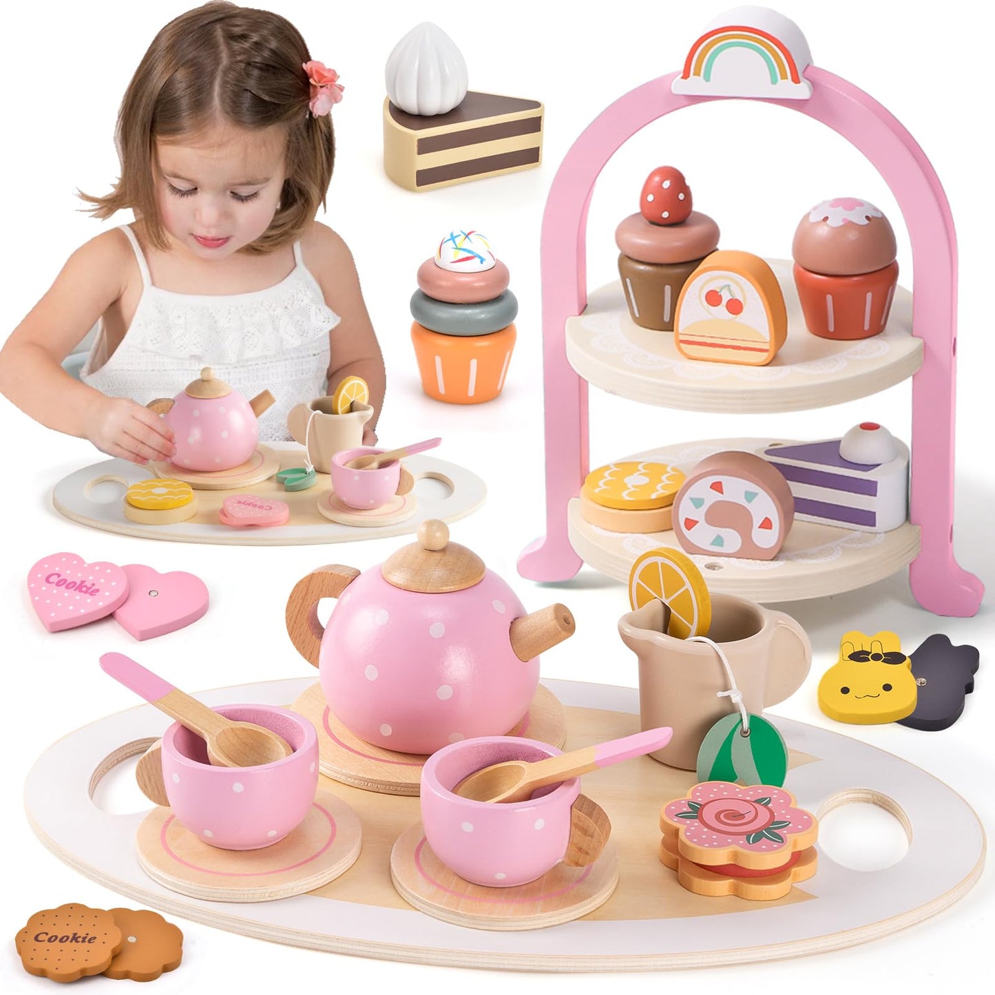 Atoylink Wooden Tea Party Set for Little Girls Toys Kids Play Kitchen Toddler Tea Set with Play Food & Cupcake Stand Pretend Play Wooden Toys for 2 3 4 5 6 Year Old Girl Christmas Birthday Gi - WoodArtSupply