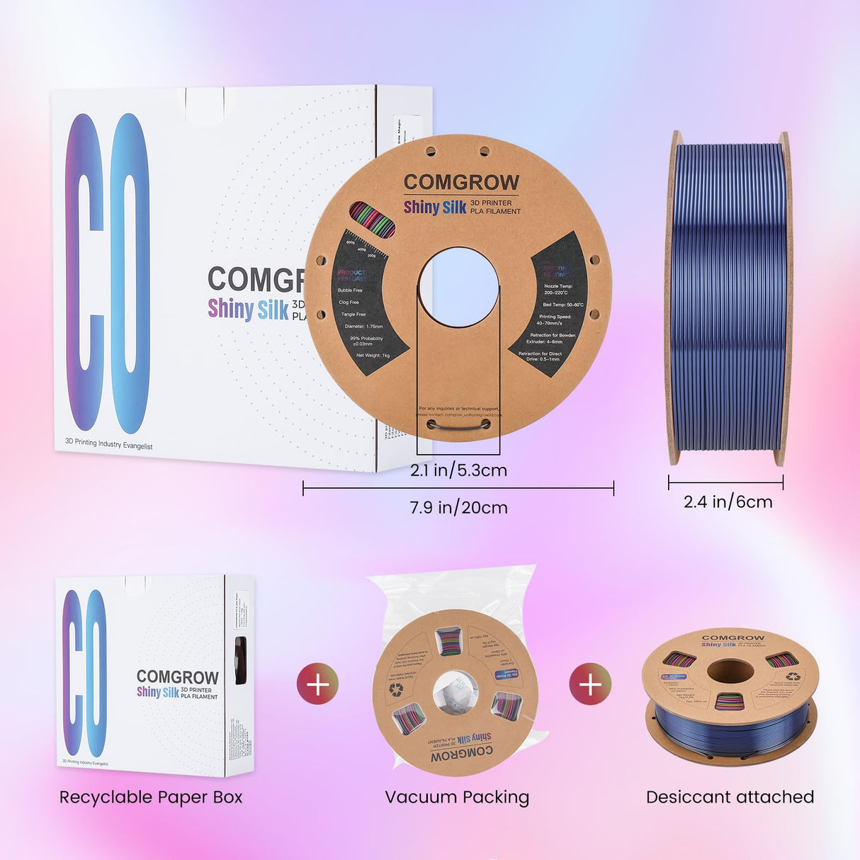 Comgrow Rainbow Colors Silk PLA 3D Printer Filament, Rainbow PLA Filament 1.75mm, Dimensional Accuracy +/- 0.02 mm, 1KG Spool, Coextrusion 3D Filament with Shiny Silk Rainbow Red Comgrow