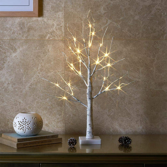 EAMBRITE Tabletop Birch Tree Christmas Decorations, White Birch Tree with Lights, 24 LED Lighted Mini Money Tree Twig Tree Battery Operated with Timer, Indoor Home Centerpiece Decor (2FT/Warm White)