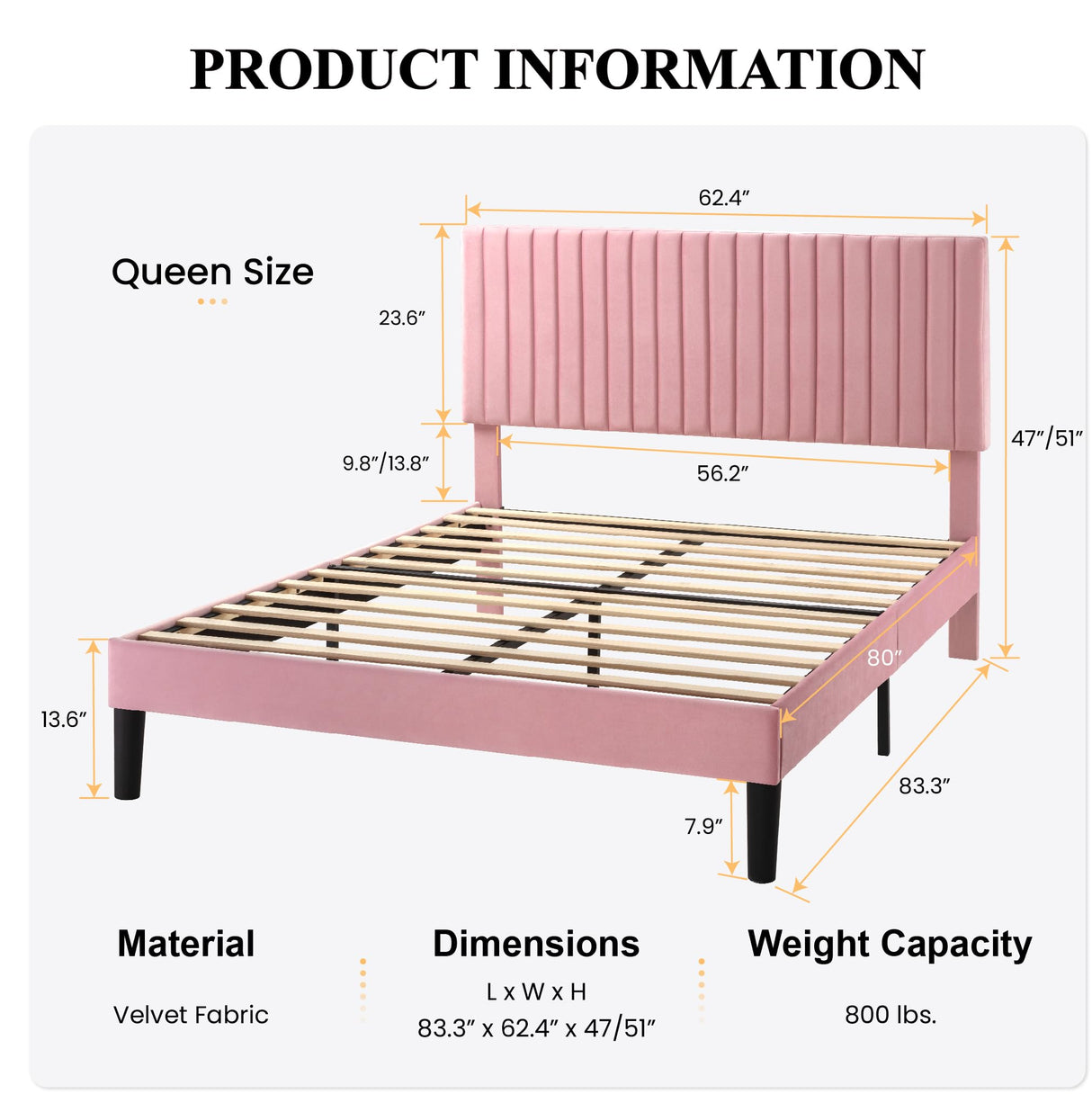 SHA CERLIN Queen Upholstered Platform Bed Frame with Adjustable Headboard/Vertical Channel Tufted Velvet Fabric/Wooden Slats Support/Mattress Foundation/Box Spring Optional/Pink SHA CERLIN