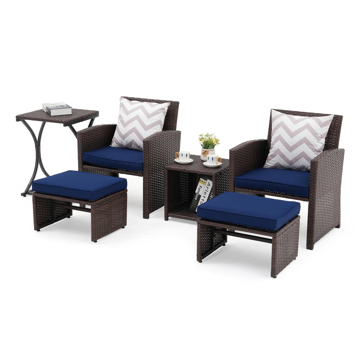 OC Orange-Casual 6 Piece Patio Wicker Furniture Set, Balcony All Weather Rattan Chair, with Space Saving Ottoman, Resin Nesting Coffee Table, Modern Design, Blue OC Orange-Casual