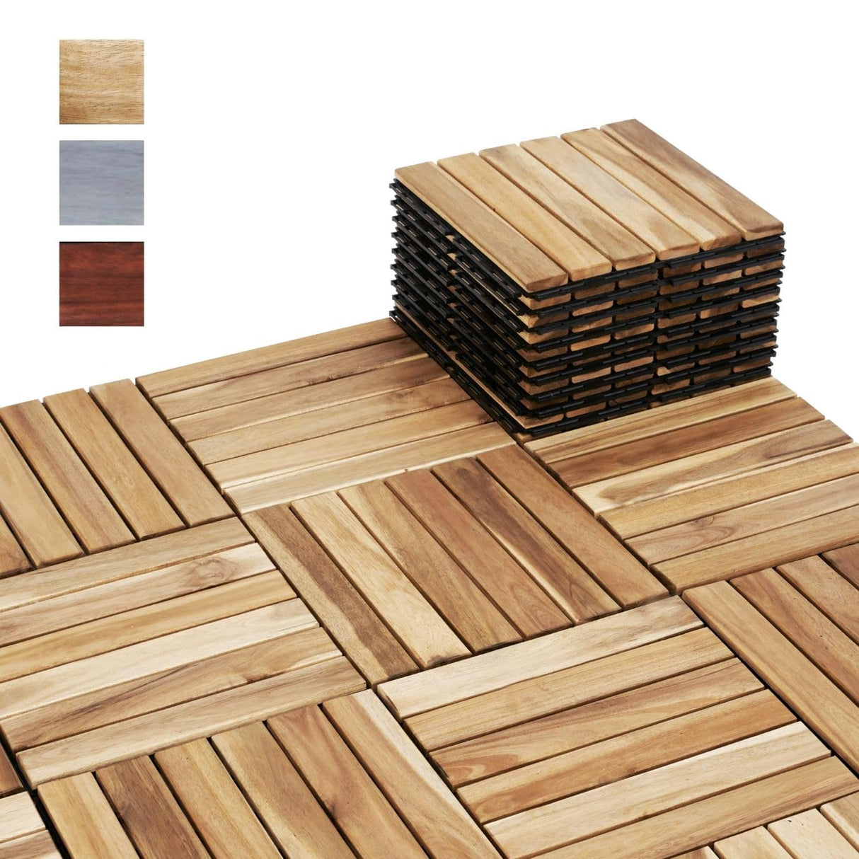 BEEFURNI Acacia Interlocking Deck Tiles (10PCS 12"x 12"), Wood Deck Tiles Interlocking Outdoor All Weather, Patio Flooring for Indoor Outdoor use, Easy Assembly, 1-Year Warranty (Natural Wood) BEEFURNI