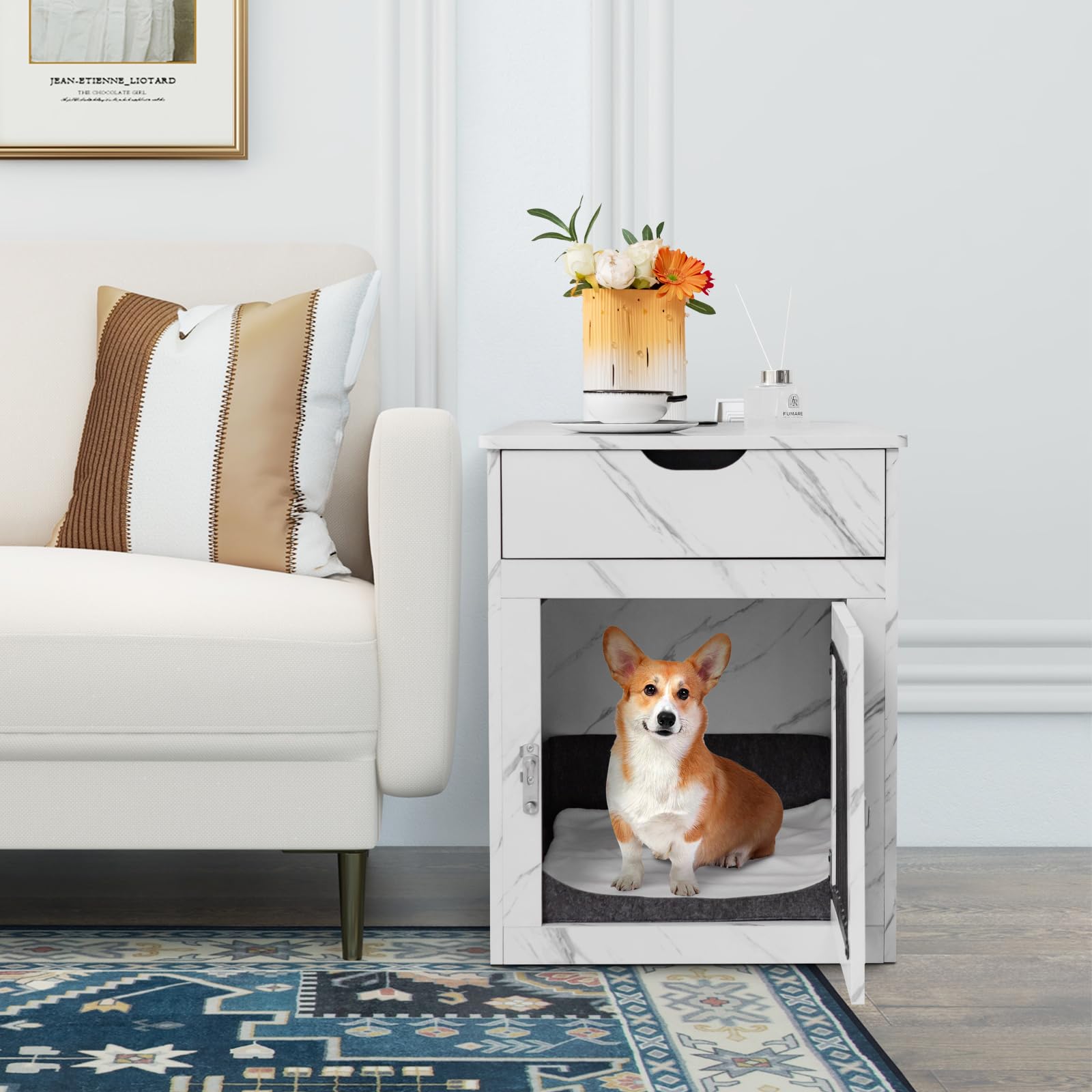 PETSITE Furniture Style Dog Crate, Decorative Dog Kennel End Table with USB & Wireless Charging Station, Storage Drawer, Indoor Dog House for Small Dogs (Marble White) - WoodArtSupply