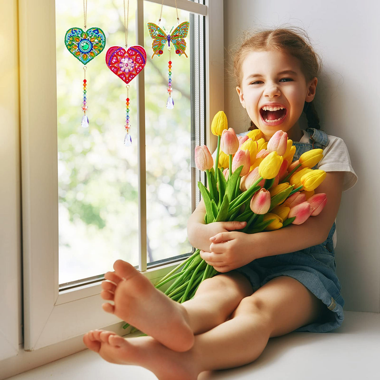 Yulejo 6 Pcs Diamond Painting Suncatcher Diamond Painting Art Kit for Adult Double Sided Diamond Painting Hanging Ornament Butterfly Heart Hummingbird Crystal Suncatcher Wind Chime Home Decoration Yulejo