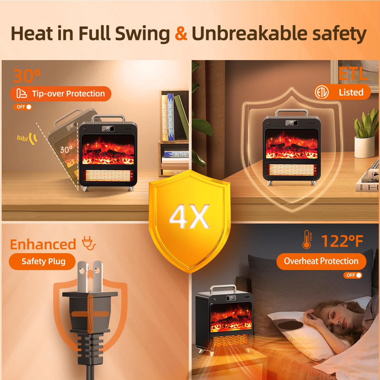 Electric Fireplace Heater,1500W Portable Electric Space Heater with Realistic 3D Flame,Touch&Remote Control,PTC Fast Heating,3 Heating Modes for Indoor Use Home Office Christmas Decor Feculs Official