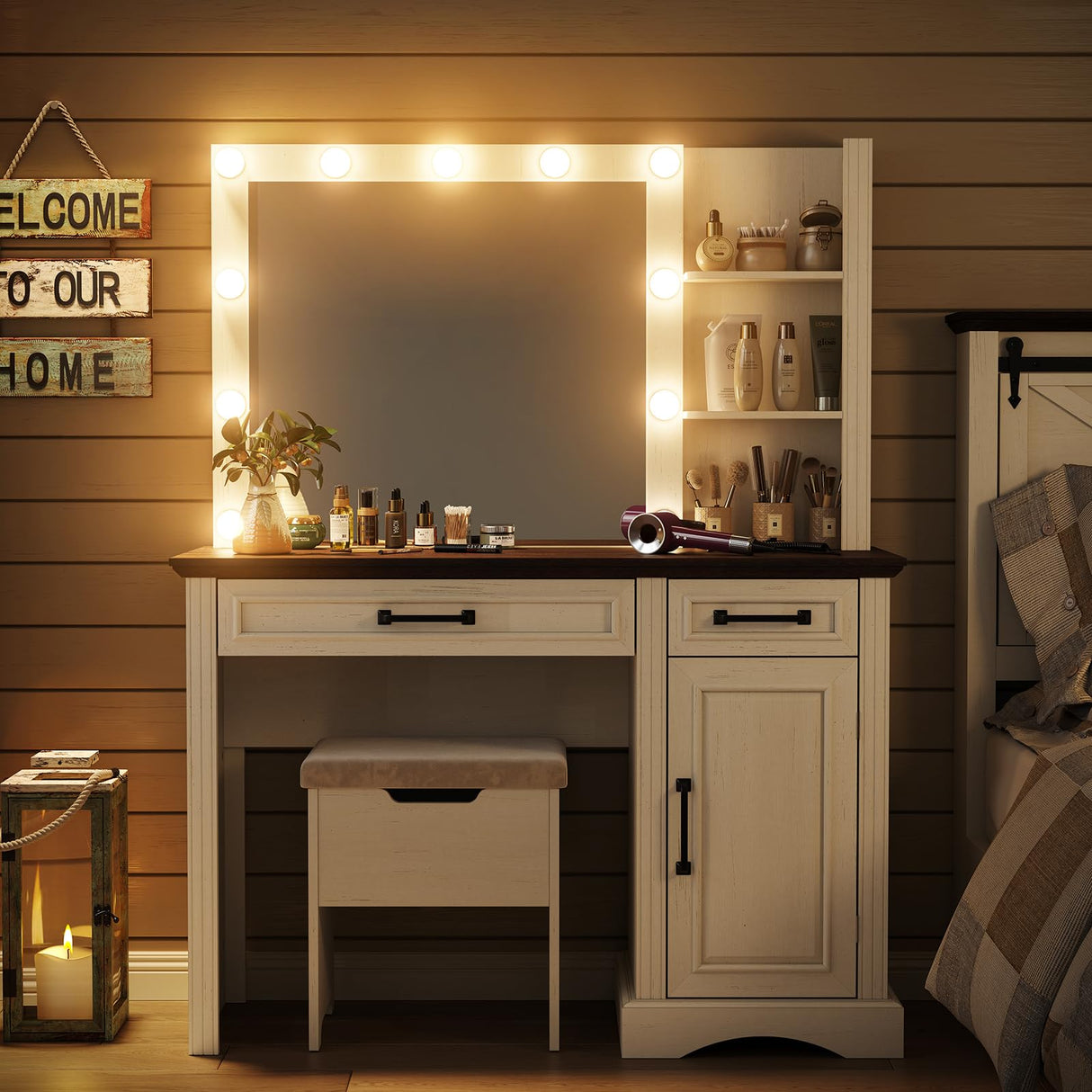 Diwnnue Farmhouse Vanity Makeup Desk, 43" W Vanity Desk with Lights Mirror and Drawers for Makeup, Big Modern Vanity Table Set with Vanity Stool for Bedroom, Antique White Diwnnue