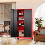 Fesbos Metal Rolling Storage Cabinet-74.6” Tall Steel File Cabinets with Wheels Lockable Doors and Adjustable Shelves-Black & Red Steel Storage Cabinet for Home, School, Office, Garage Fesbos