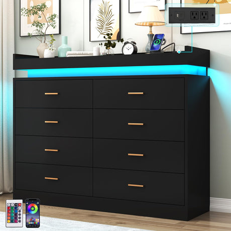 Hlivelood 8 Drawer Dresser with LED Light and Charging Station, Modern Chest of Drawers for Closet, Wide Drawer Organizer Cabinet for Bedroom, Living Room, Entryway, Hallway(Black) Hlivelood
