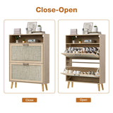 VECHOLL Rattan Shoe Cabinet with 2 Flip Drawers Freestanding Shoe Storage Cabinet for Entryway Slim Hidden Shoe Cabinet with Open Shelf Boho Shoe Rack Cabinet for Hallway, Natural Oak VECHOLL