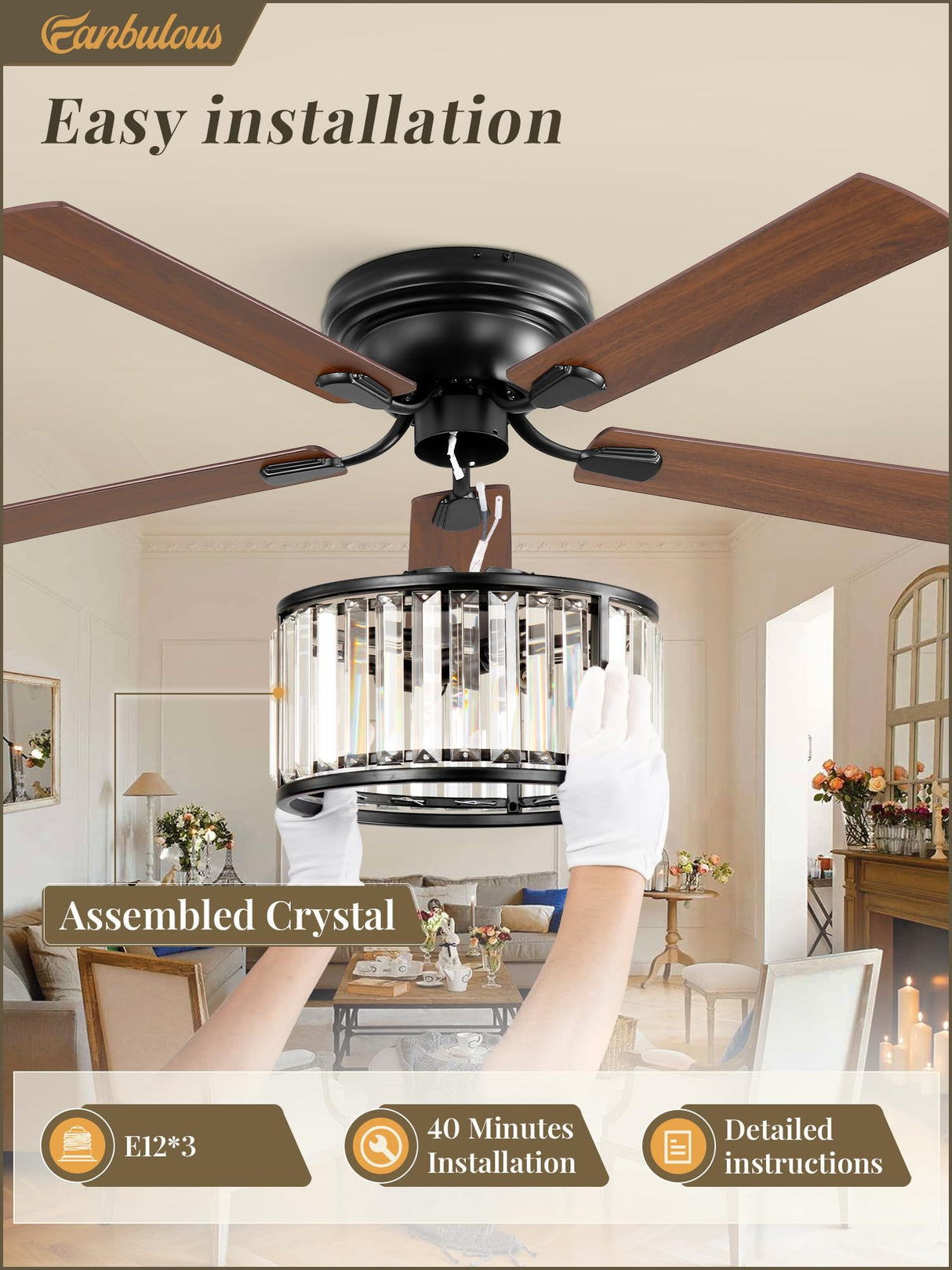 56 Inch Farmhouse Chandelier Ceiling Fan with Remote Control, Black Indoor Crystal Ceiling Fan with 6-Speeds, Quiet Reversible DC Motor, Flush Mount Ceiling Fan with Lights for Bedroom, Living Room Fanbulous