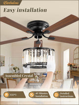 56 Inch Farmhouse Chandelier Ceiling Fan with Remote Control, Black Indoor Crystal Ceiling Fan with 6-Speeds, Quiet Reversible DC Motor, Flush Mount Ceiling Fan with Lights for Bedroom, Living Room Fanbulous