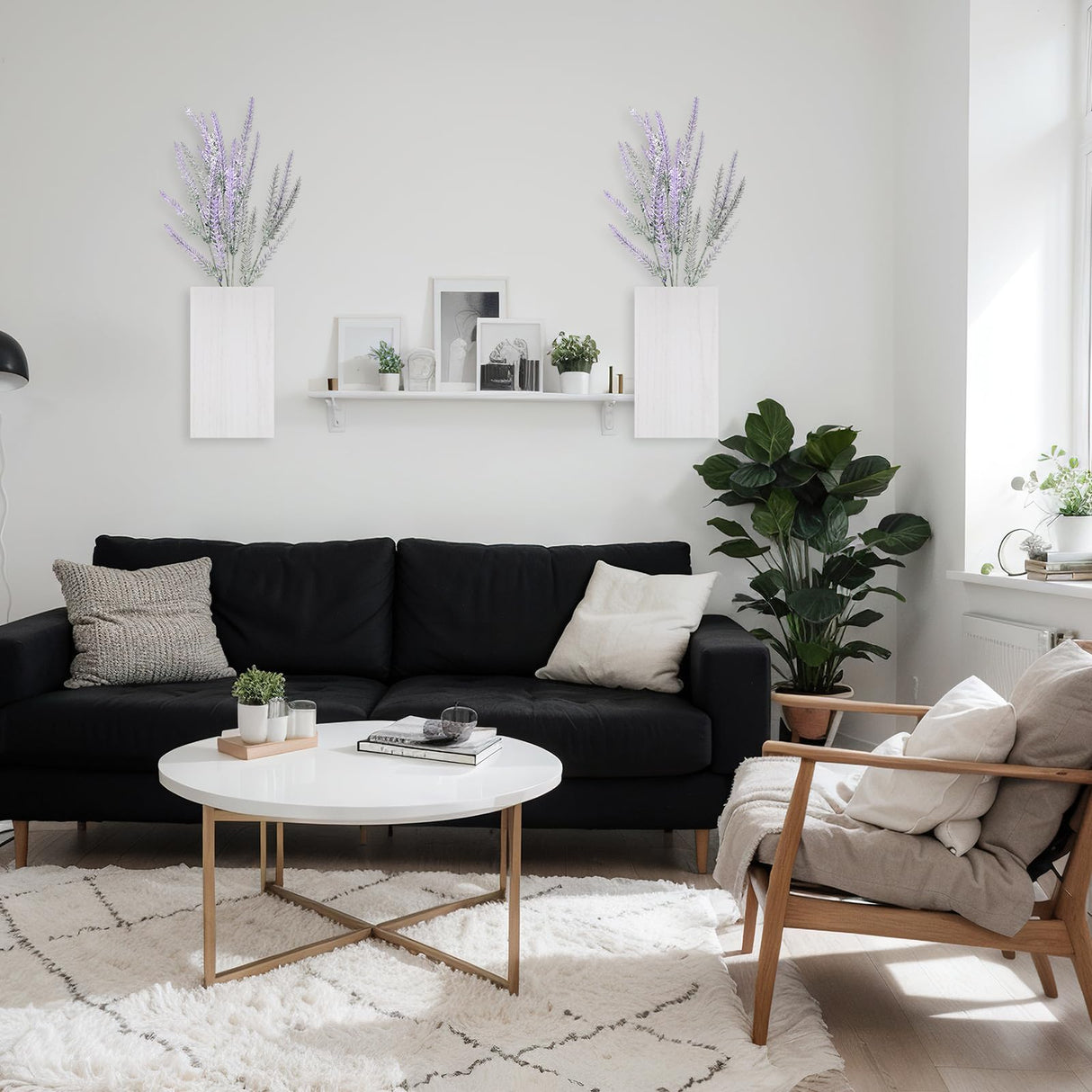 Vesici 2 Pack Wood Wall Planter Vase with Artificial Plants Indoor Plants Holder Pocket Farmhouse Wooden Vases Wall Flower Vase Hanging Plant Decor for Bedroom Kitchen Office Home (White,Lavender) Vesici