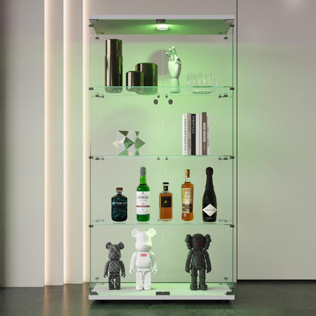 nifoti 64.5" H 4-Shelf LED Lights Glass Display Cabinet with Double Door,Modern Curio Cabinet Collection Display Case,Floor Standing Bookshelf Glass Case with Lock for Living Room,Home Office (White) nifoti