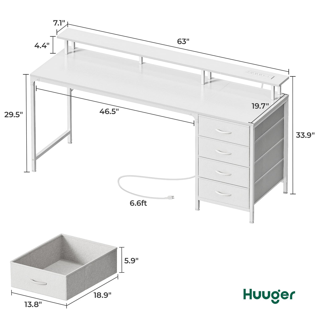 Huuger 63 Inch Computer Desk with Power Outlets and LED Lights, Gaming Desk with 4 Drawers, Office Desk with Monitor Stand, Study Desk Work Desk for Home Office, White Huuger