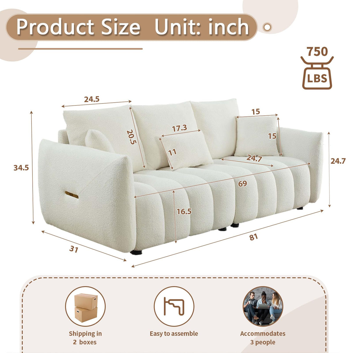 Antetek 81" Modern Sofa Couch, Comfy Deep Seat Teddy Cloud Sofa, Upholstered 3-Seater Boucle Couch, Oversized Loveseat for Living Room, Bedroom, Office, Apartment, Beige Antetek