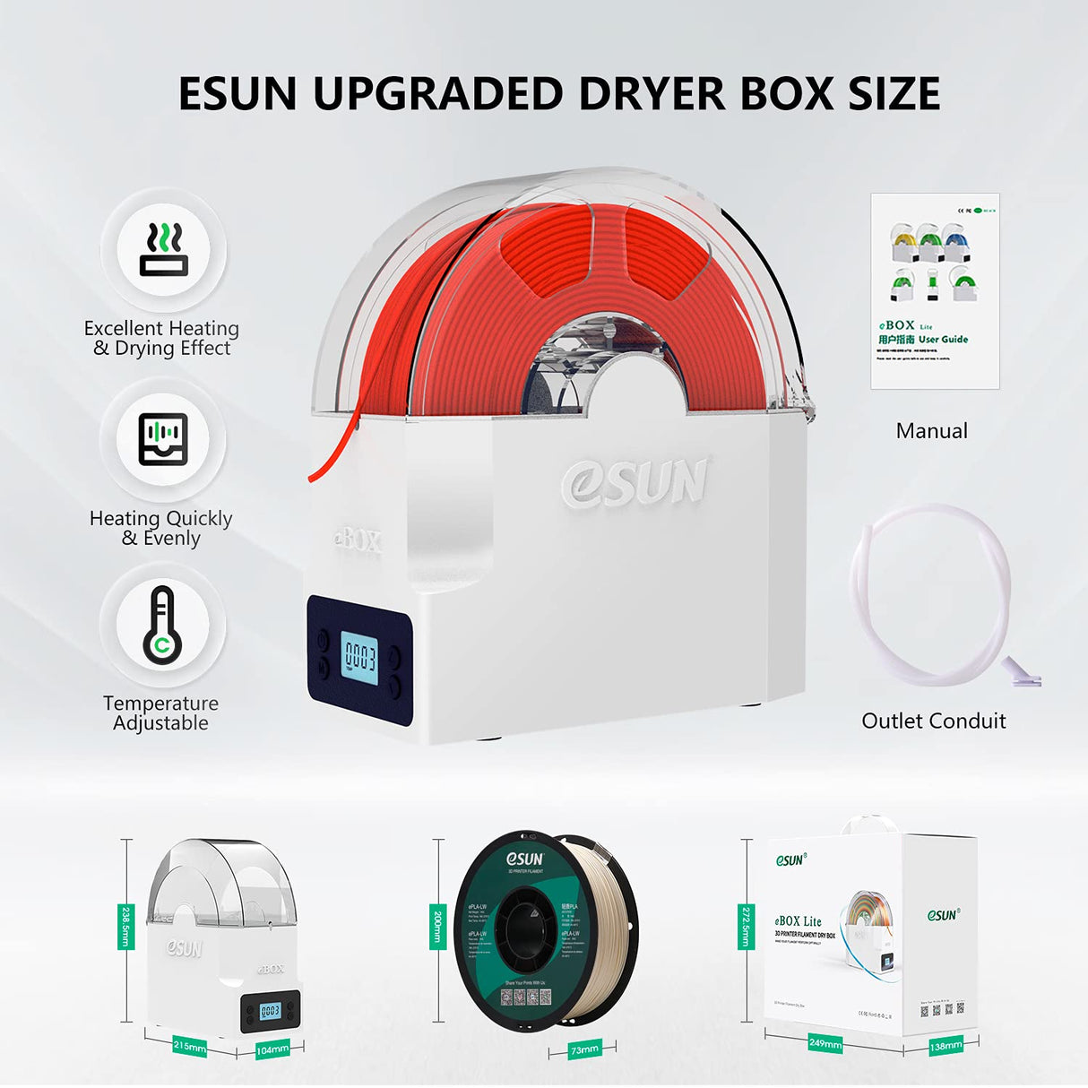 eSUN eBOX Lite Upgraded 3D Printing Filament Dryer Box, Filament Storage Box, Spool Holder for Keeping 3D Printing Filament from Moist and Keeping Filaments Dehydrating, US Power Supply eSUN