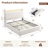 Queen LED Velvet Bed Frame with 2 Storage Drawers&Hidden Headboard, Upholstered Platform Bed with Charging Station&Button Tufted Design, Wooden Slats Support, Box Spring Optional, Easy Assembly, Beige Jocoevol