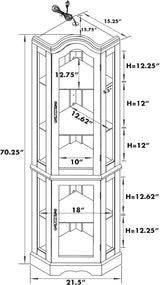 70'' Farmhouse Display Curio Cabinet with LED Lights, Corner Curio Storage Rack with Adjustable Shelves and Mirrored Back Panel, Tempered Glass Doors for Living Room, Light Bulb not Included, Walnut Bituman