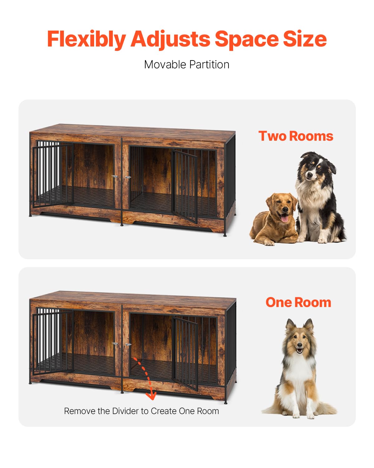 VEVOR 75" Dog Crate Furniture for 2 Dogs,Extra Large Double Dog Crate Furniture Large Breed with Divider & Double Doors,Large Wooden Dog Crate Furniture TV Stand for Medium Large Dogs Brown VEVOR