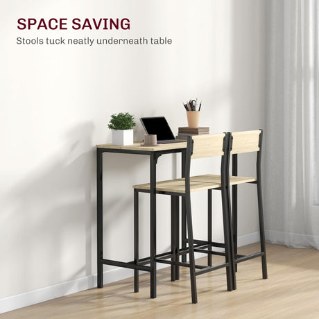 HOMCOM 3 Piece Bar Table and Chairs, Industrial Dining Table Set for 2, Counter Height Kitchen Table with Bar Stools, Breakfast Table Set for 2 for Small Space, Oak HOMCOM