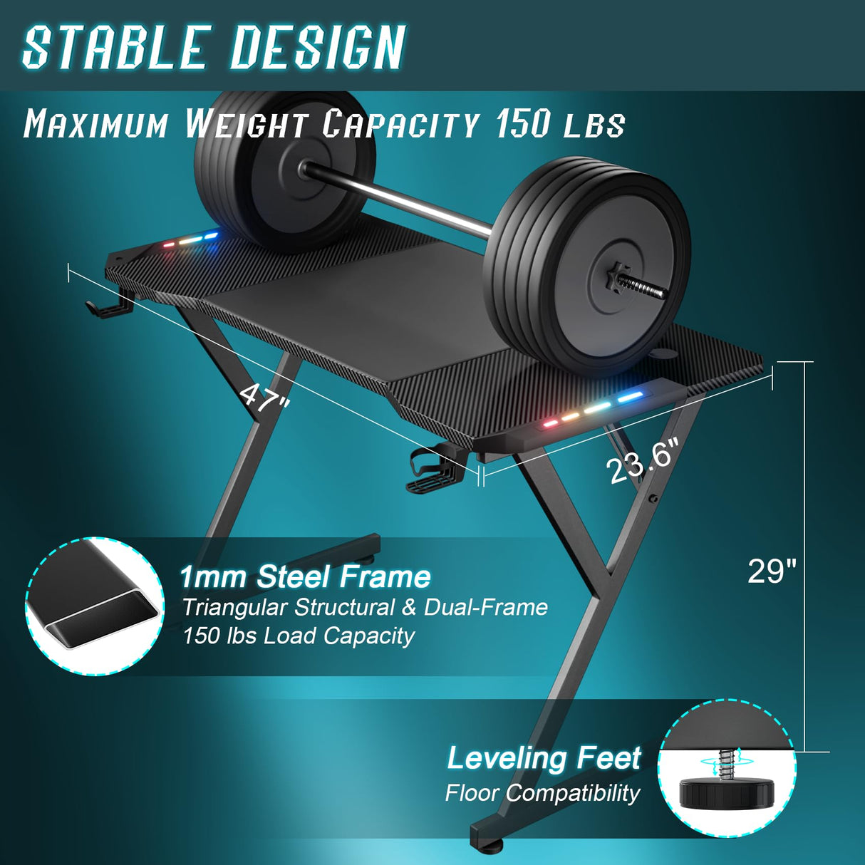 HLDIRECT 47 Inch Gaming Desk with LED Lights, Ergonomic Computer Table with Carbon Fibre Surface, Sturdy PC Workstation Desk for Home Office with Headphone Hook, Cup Holder, Black HLDIRECT