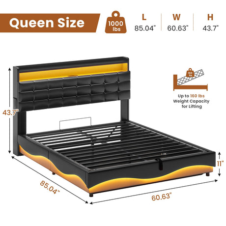 ADORNEVE Lift Up Storage Queen Bed Frame with Type-C Charging Station& Hidden Storage Headboard, LED Lights Upholstered Platform Bed,Queen Bed with Hydraulic, No Box Spring Needed,Black ADORNEVE