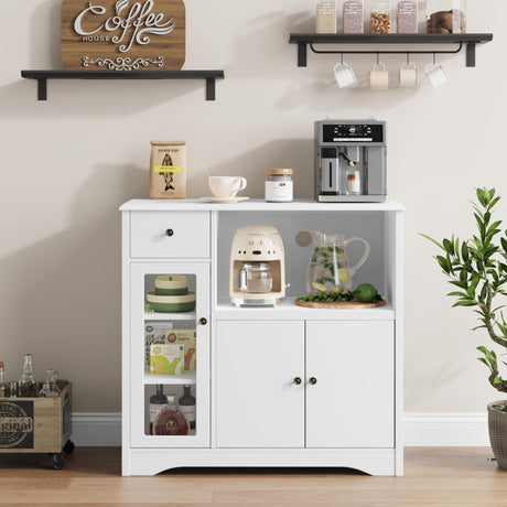 HORSTORS Storage Cabinet with 3 Doors and 1 Drawer, Buffet Cabinet Sideboard with Adjustable Shelves, Microwave Stand Cabinet for Kitchen, Dining Room, White HORSTORS