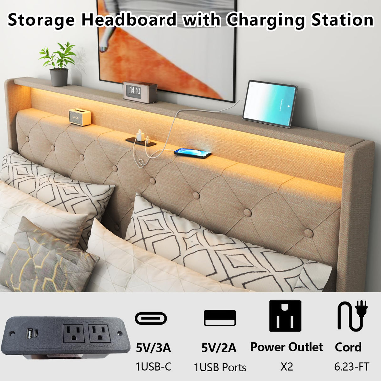 Loomie Upholstered Queen Bed Frame with Lift-Up Storage, LED Lights & Charging Station in Beige Loomie