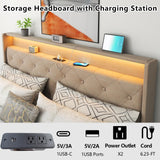 Loomie Upholstered Queen Bed Frame with Lift-Up Storage, LED Lights & Charging Station in Beige Loomie