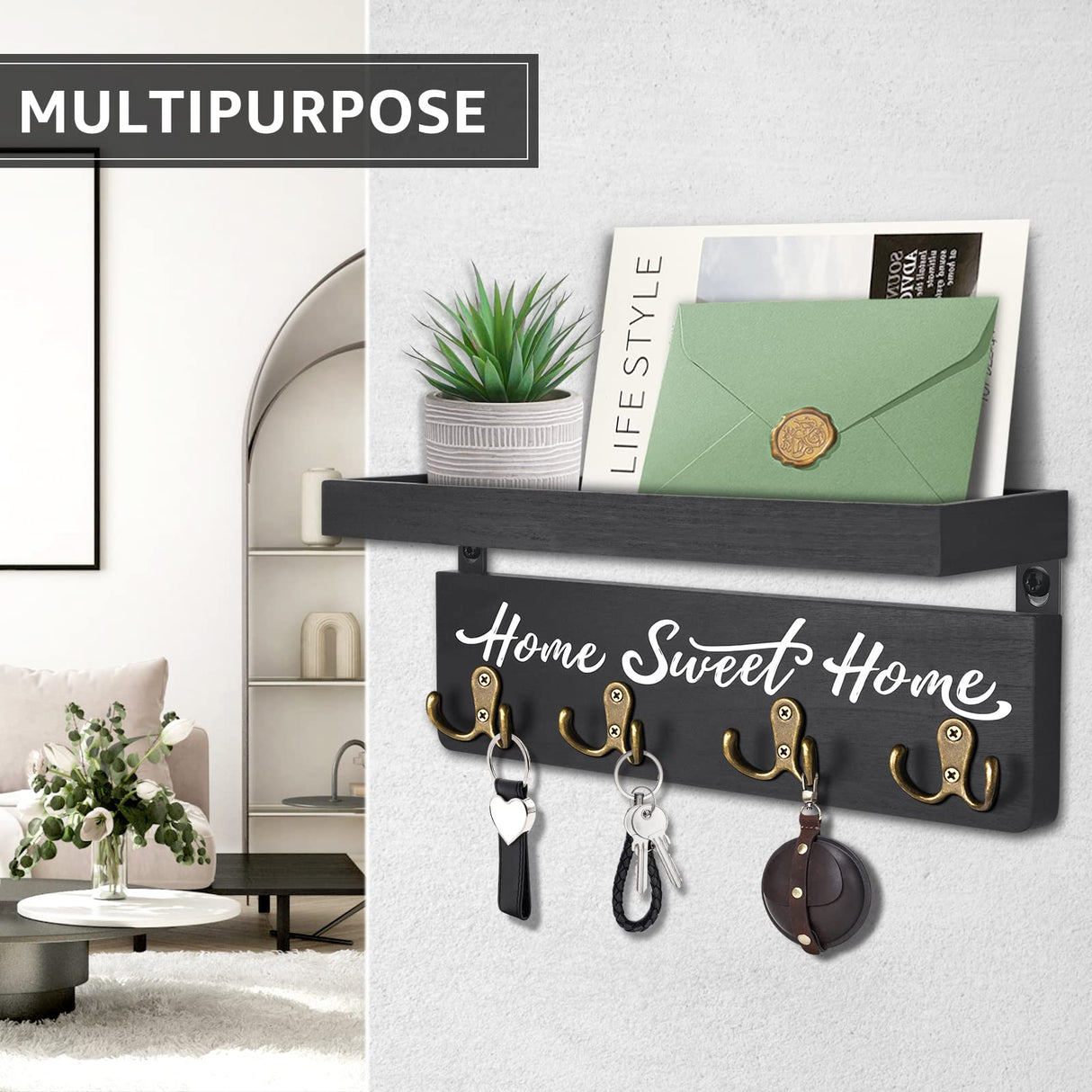 buways Key Holder for Wall Decorative, Rustic Wooden Key Hanger for Wall with 4 Double Key Hooks, Farmhouse Key Holder Rack and Mail and Key Organizer for Home Entryway Decor(Black) buways